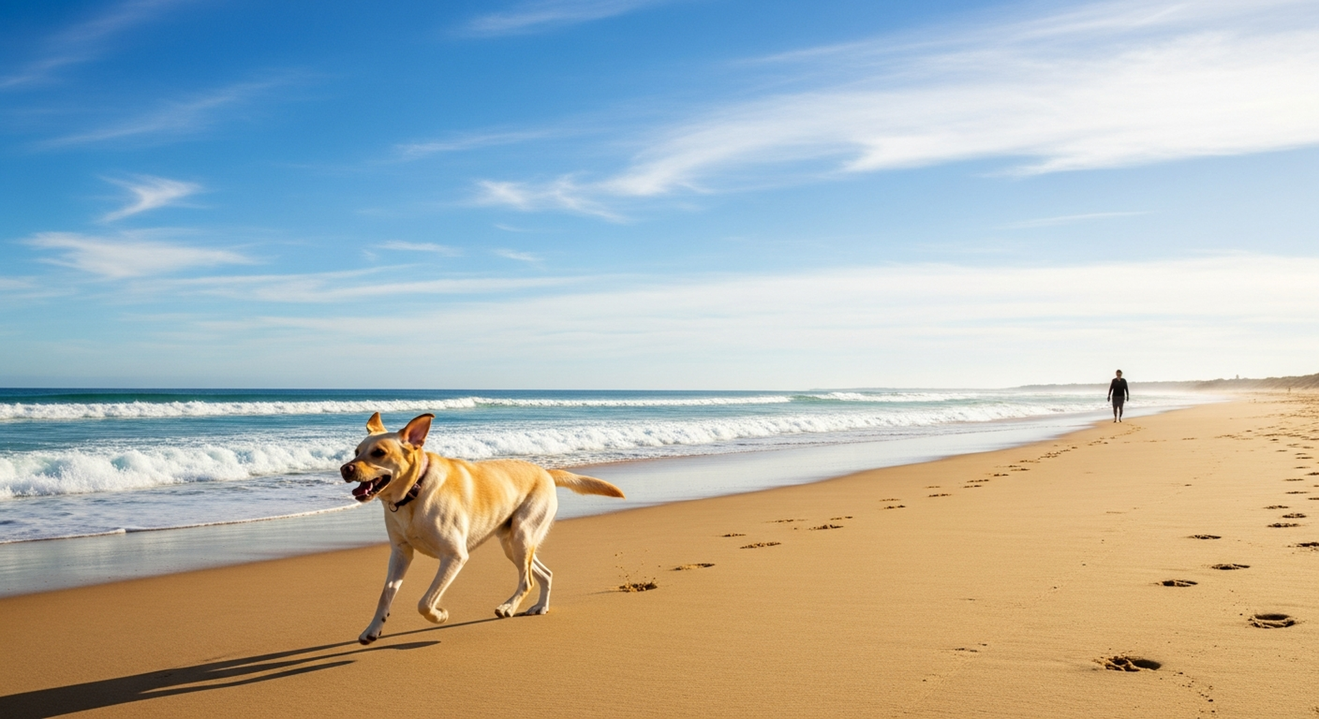 Labrador running on empty Australian beach