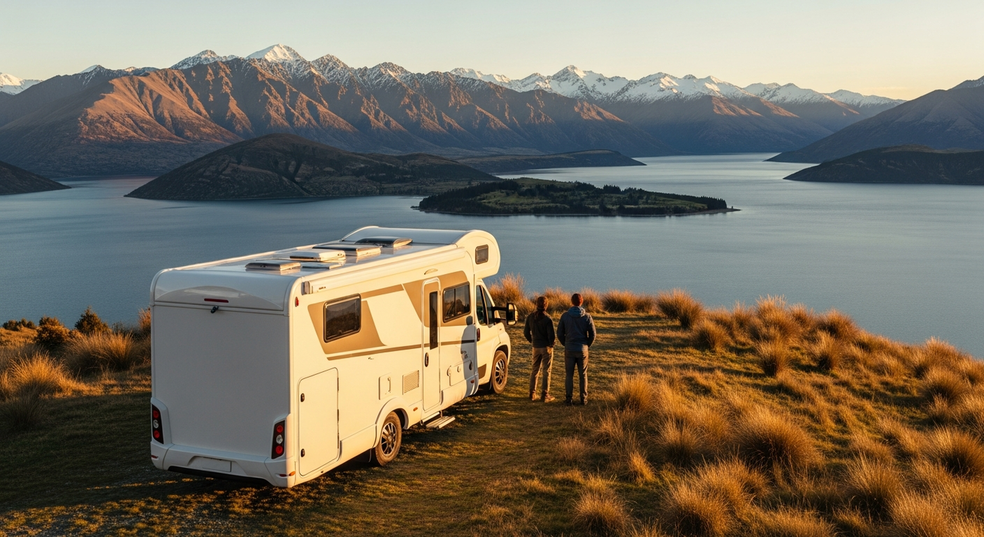 A Camplify motorhome parked on a tussock headland overlooking Lake Wanaka and the Southern Alps at golden hour, two people from behind looking out at the view