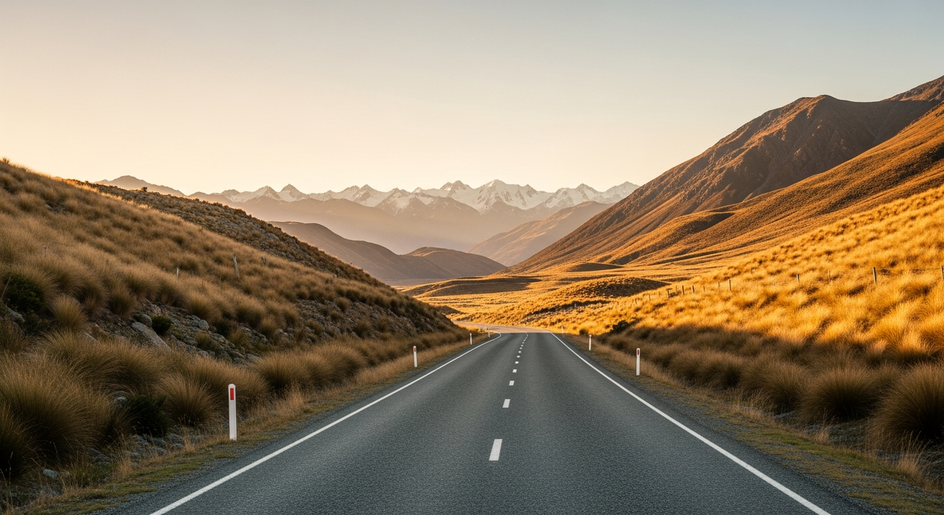 An empty paved road through the Lindis Pass at golden hour, Southern Alps in the distance