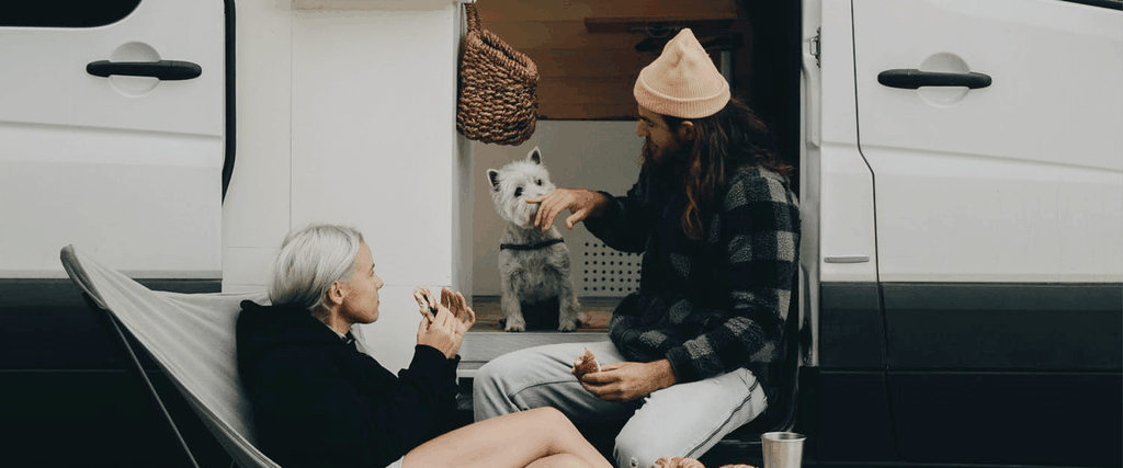 Family & dog on a camping holiday, pitching tent near a caravan in the Lake District.