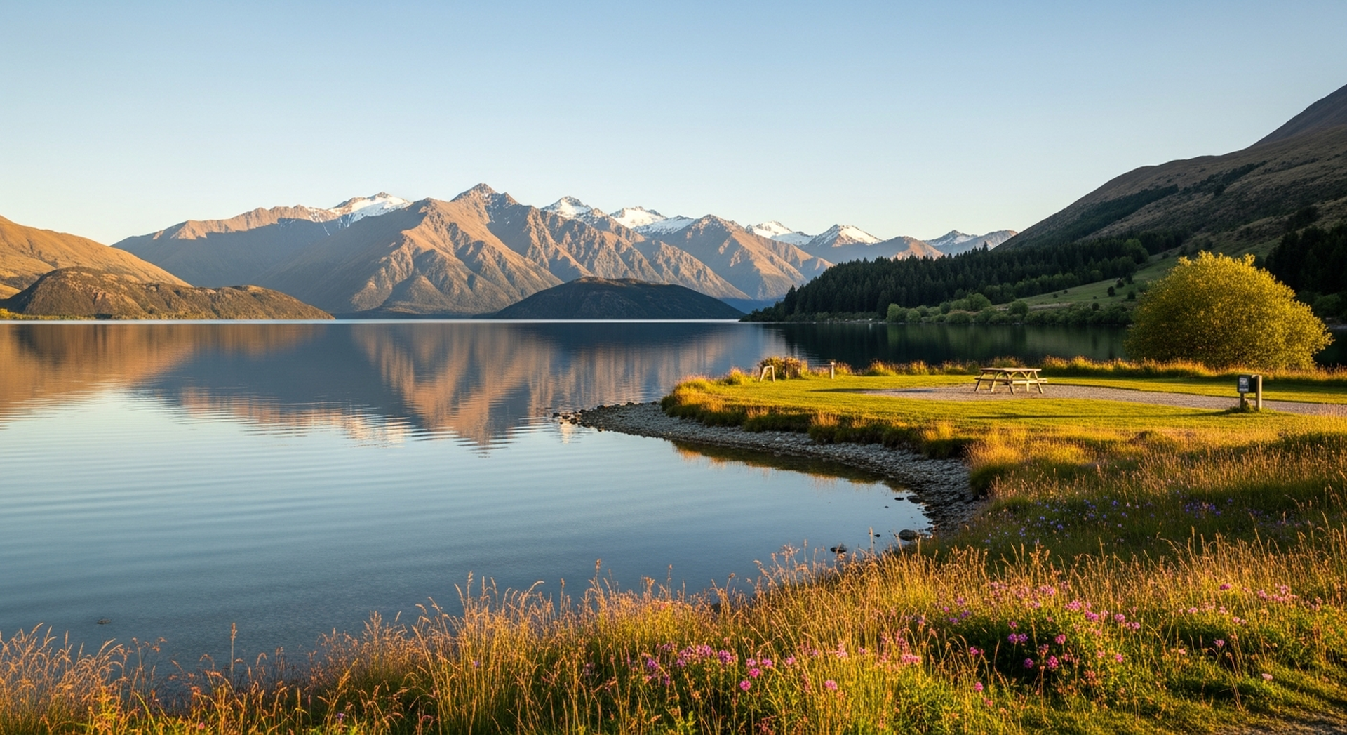A self-contained campervan parked at a Wanaka lakeside freedom-camping spot at golden hour, Southern Alps in the distance