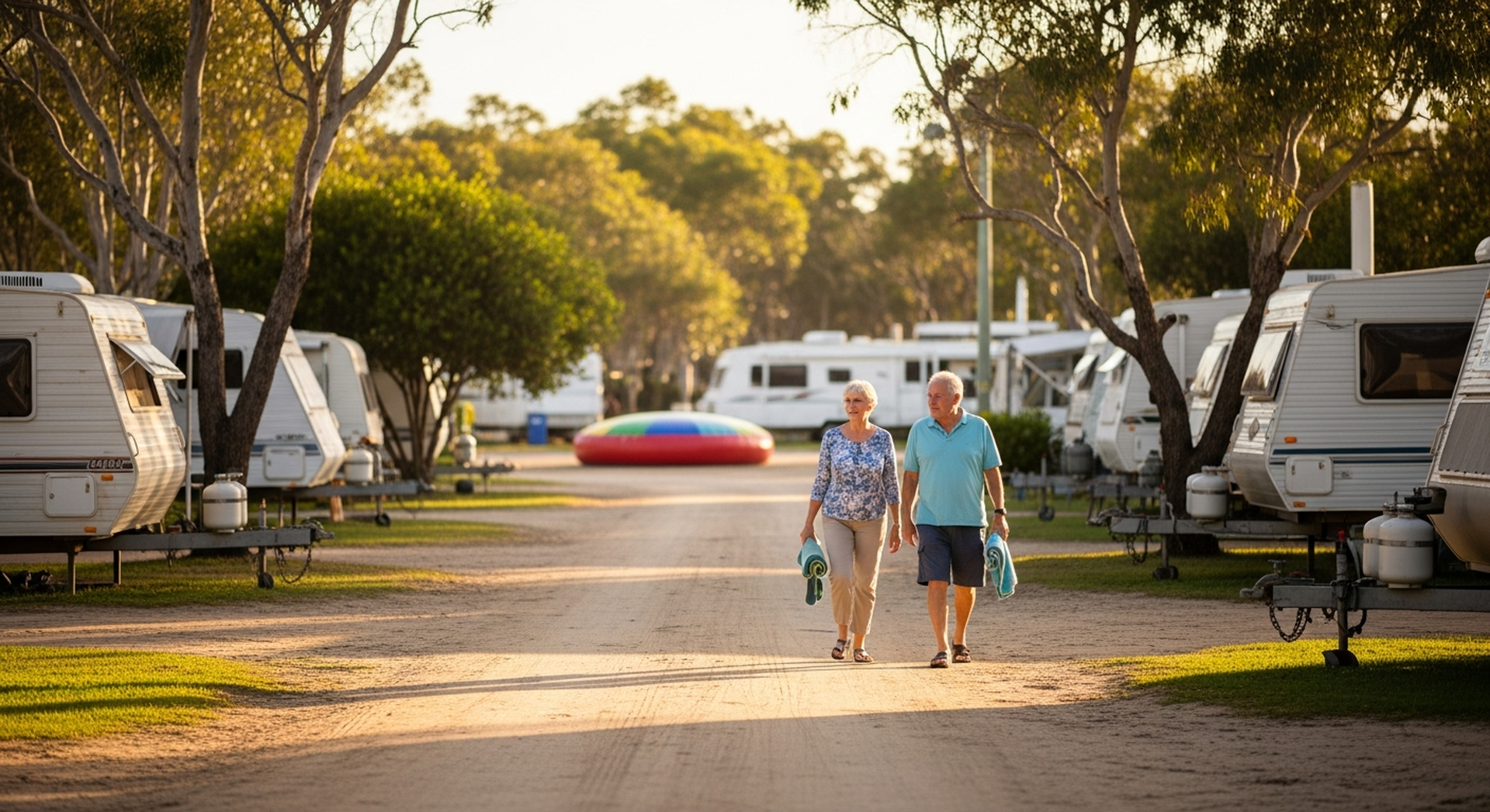 Retired couple sharing coffee by their hired caravan at a free camp