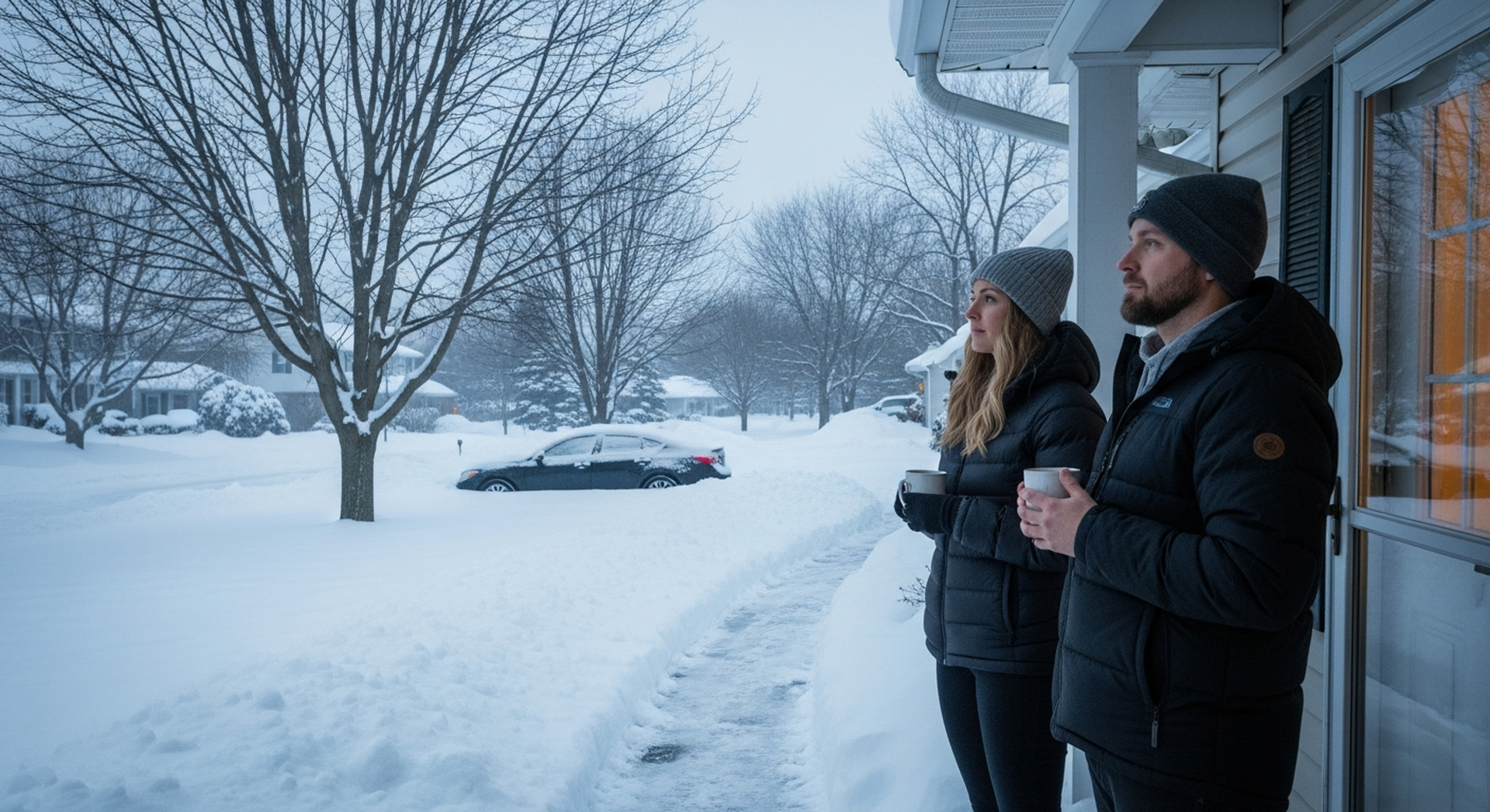 American suburban front porch in heavy winter snow with couple in puffer jackets, the home-country winter that NZ summer fixes