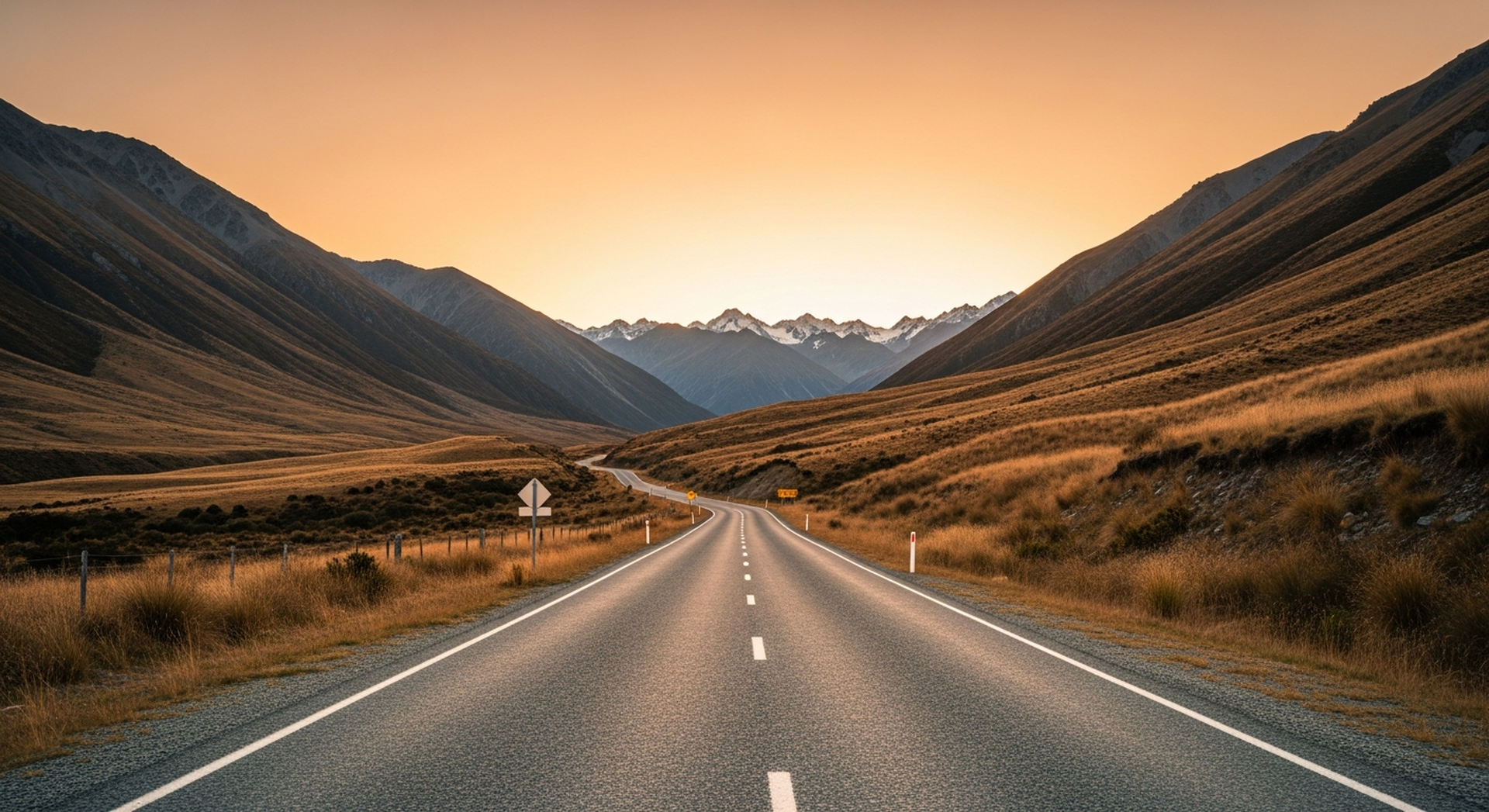 An empty paved road through the Lindis Pass at golden hour, Southern Alps in the distance