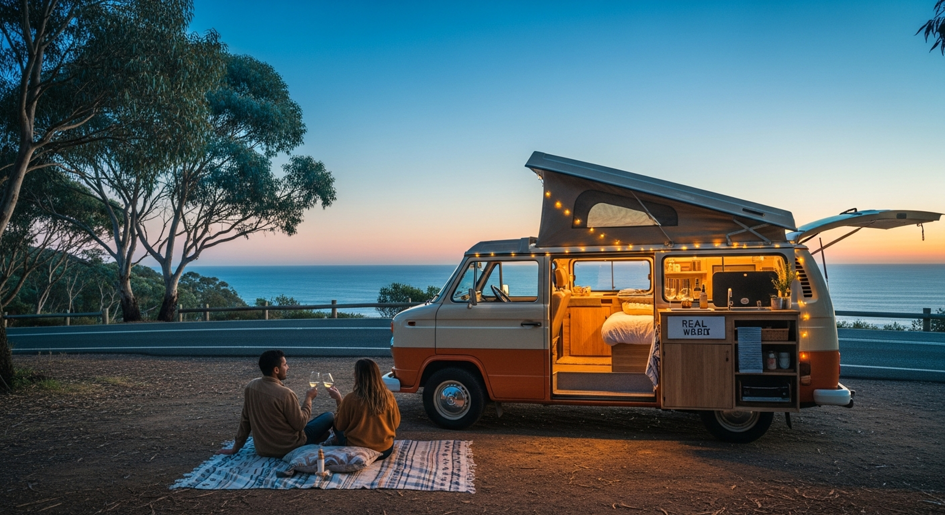 Campervan parked at coastal headland at golden hour