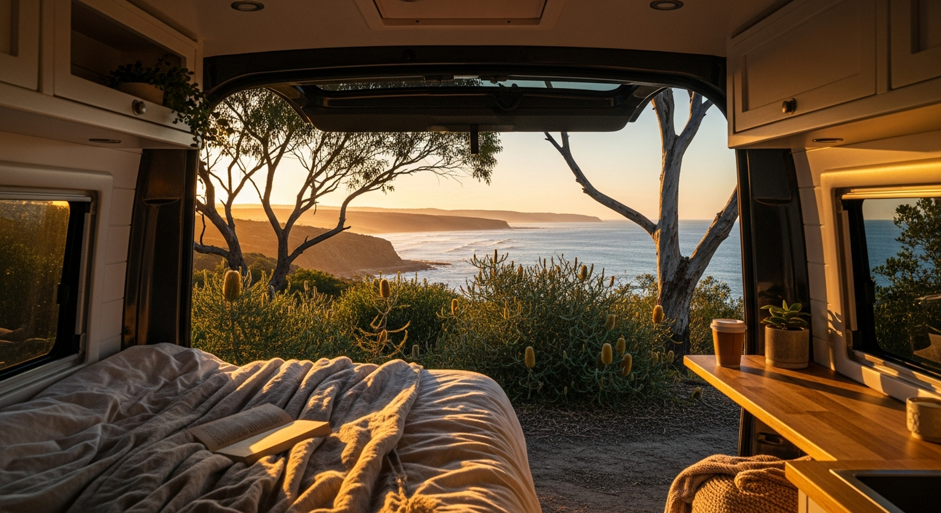 Looking into an owner-listed campervan at an Australian coastal lookout at golden hour