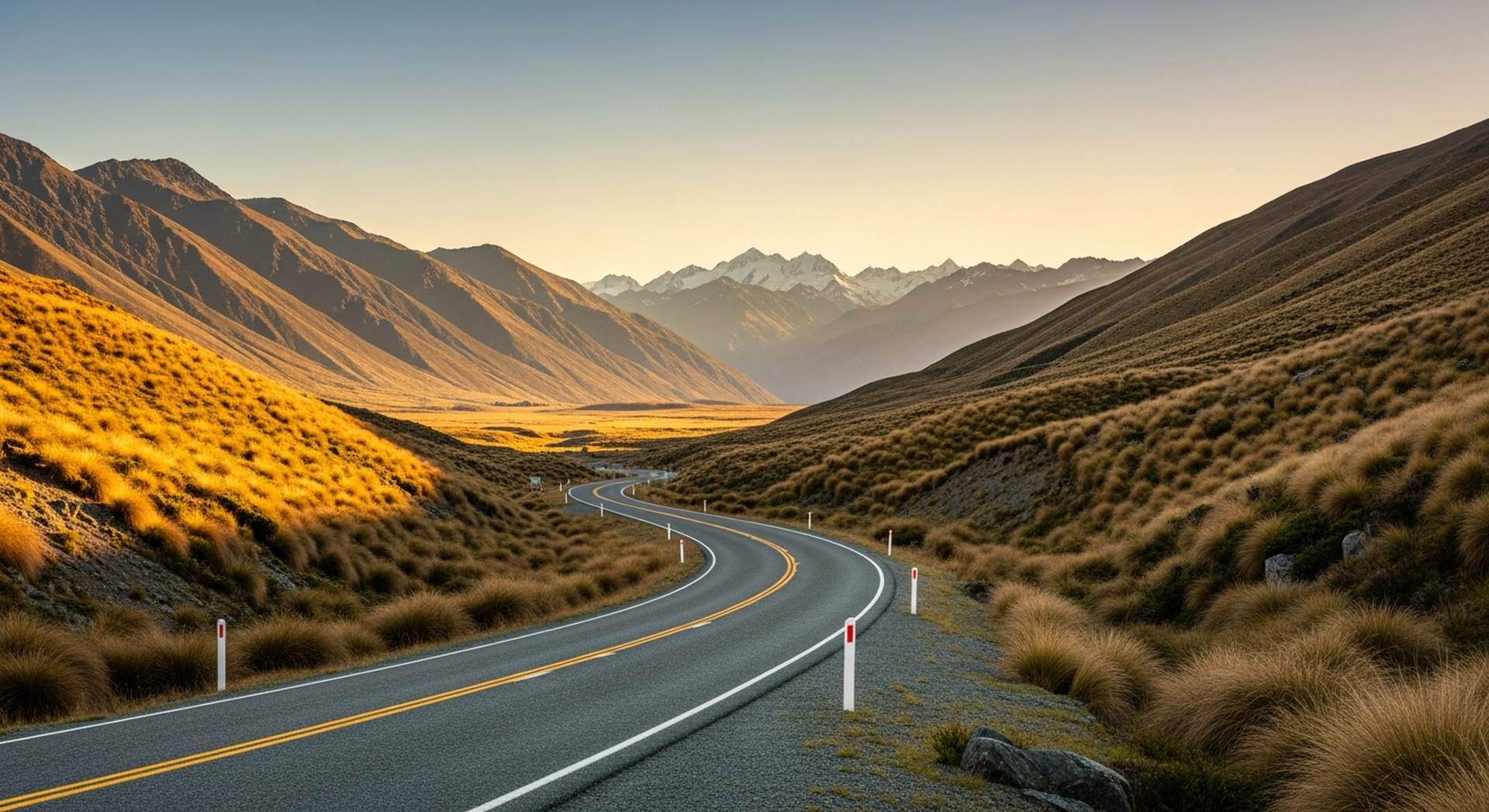 Empty paved road through Lindis Pass at golden hour, Southern Alps in the distance