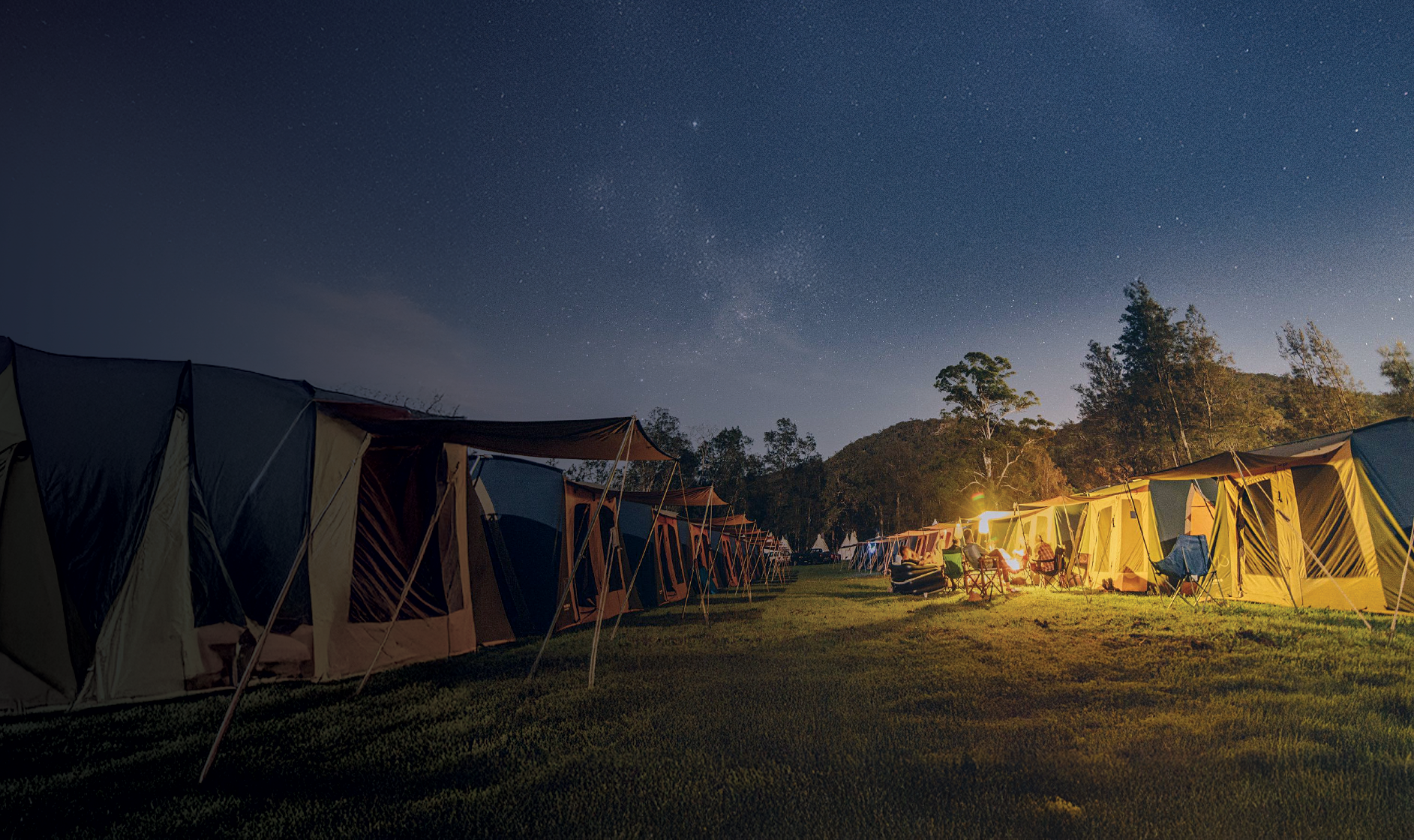 A row of illuminated tents at a campsite under a starry night sky, surrounded by trees and grassy terrain.