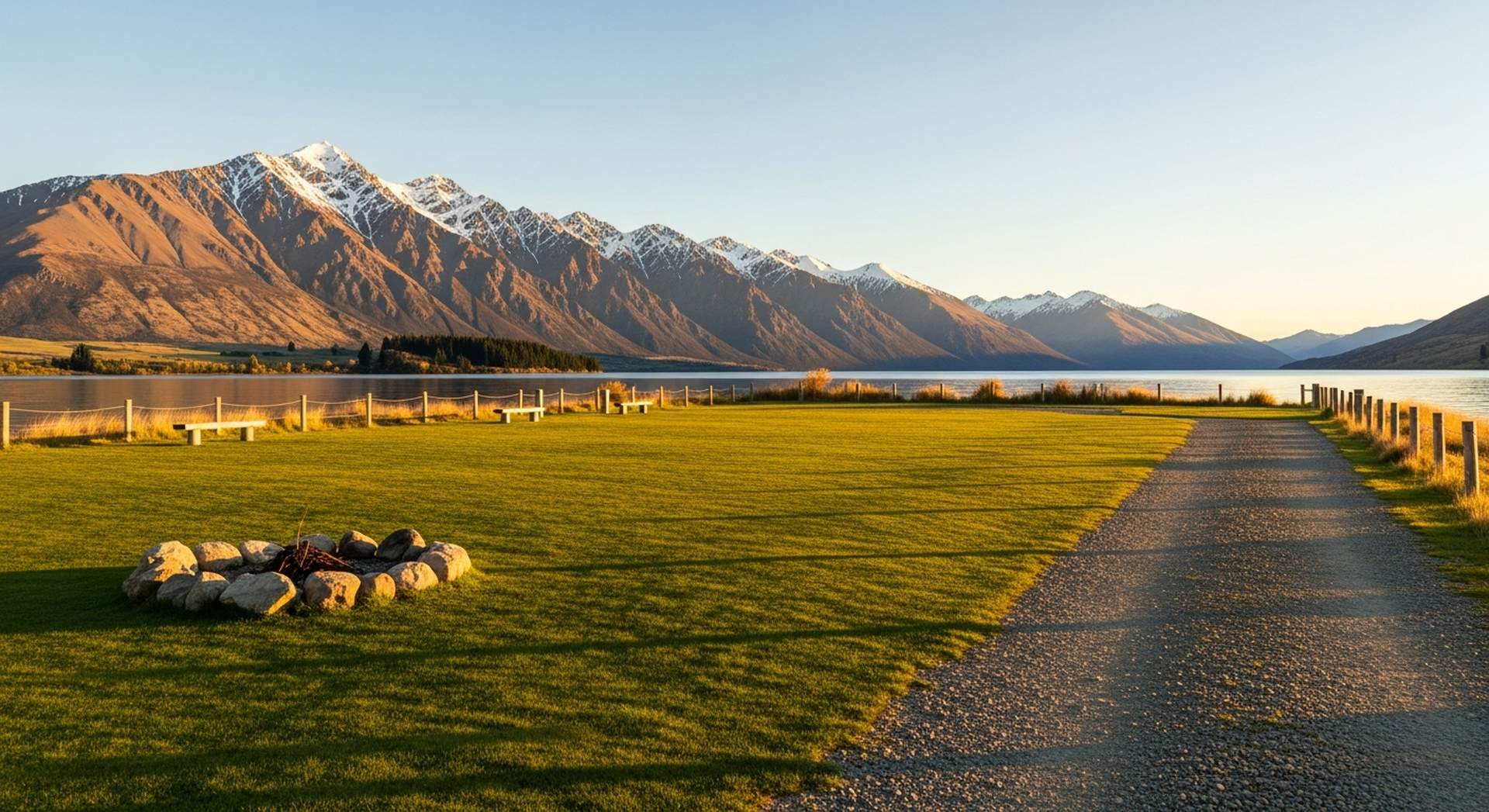 A motorhome parked beside a pristine New Zealand alpine lake at golden hour, tussock grassland foreground, snow-capped mountains behind - a typical freedom camping spot accessible only to self-contained vehicles