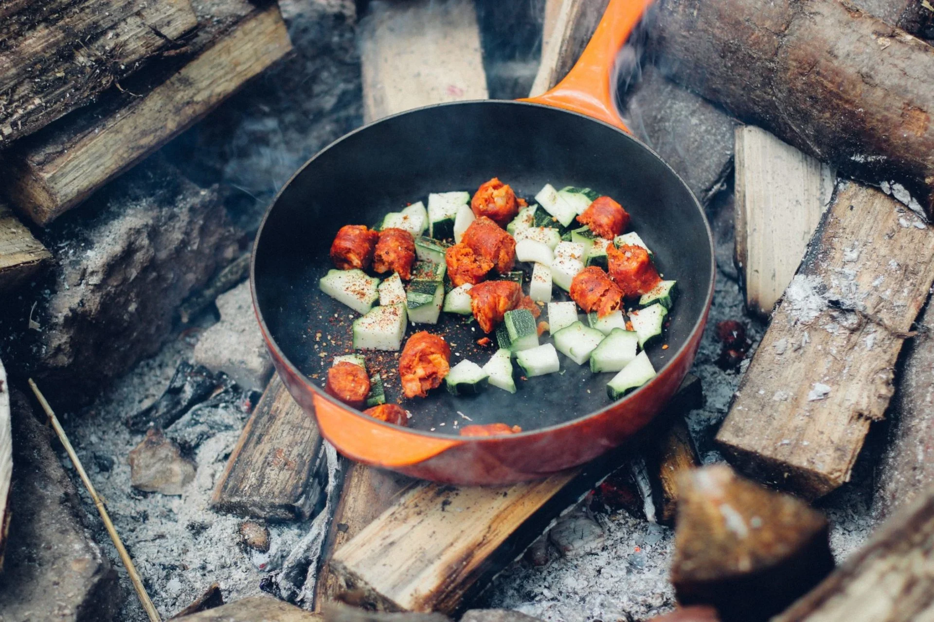 Campfire cooking with family: tent, campervan, and delicious food for a perfect camping holiday.