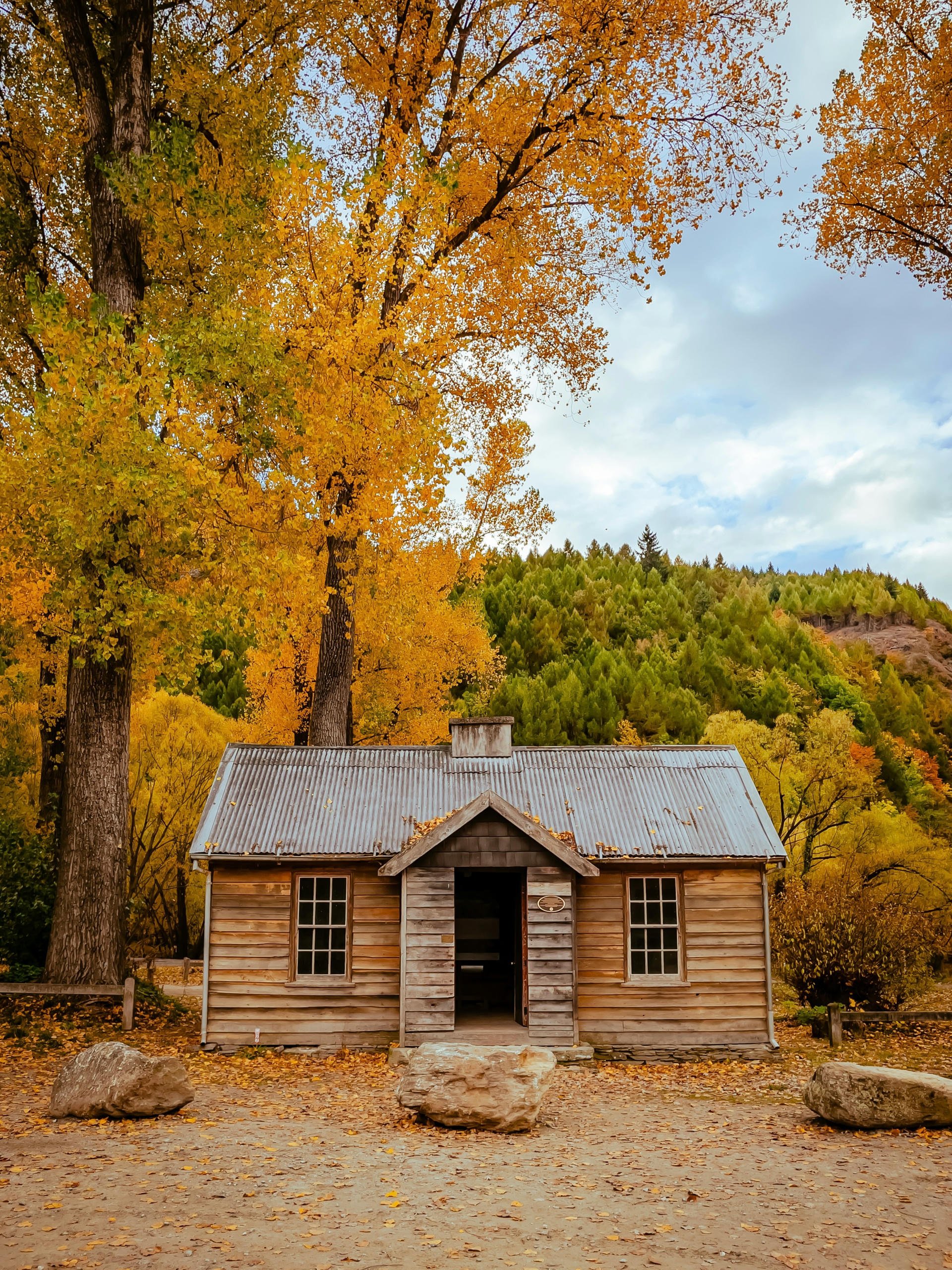 A small wooden cabin with a tin roof, surrounded by vibrant autumn trees and hills, under a cloudy sky.