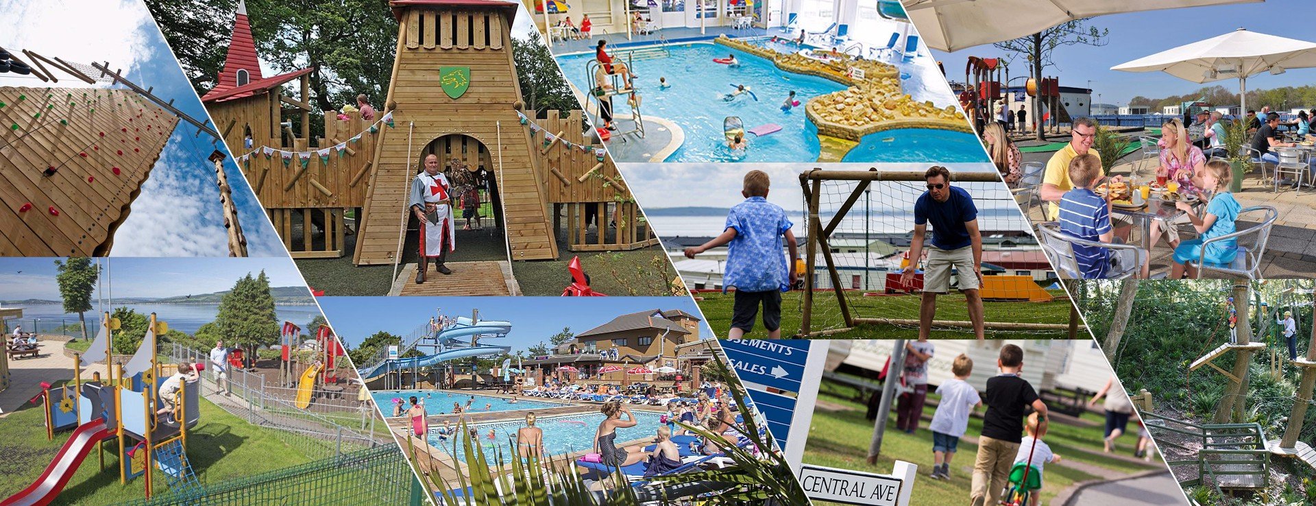 Caravan holiday park, UK. Family enjoying outdoor games near their parked caravan.