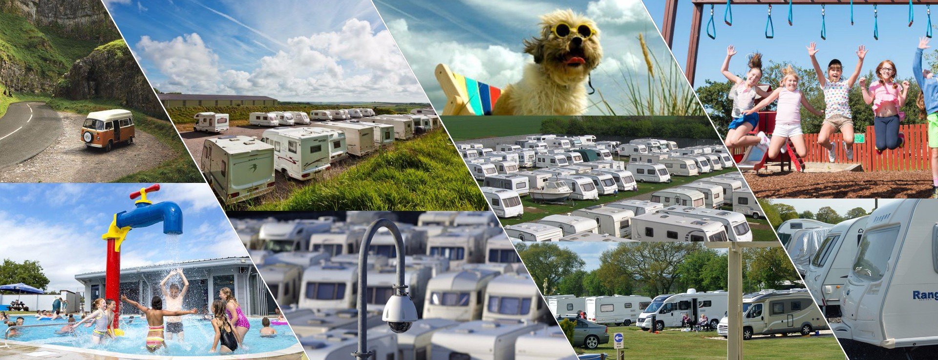Caravan parked at a secure storage site in the British countryside.