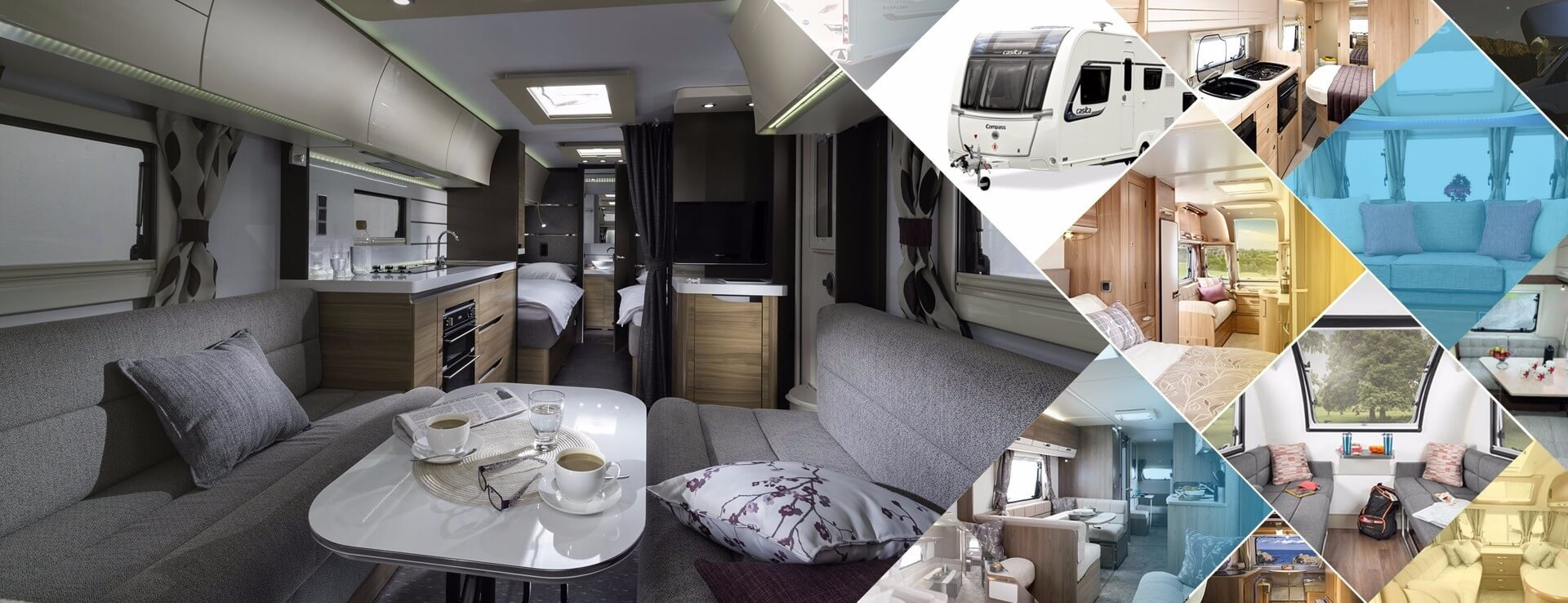 Touring caravan pitched on a campsite in the British countryside.