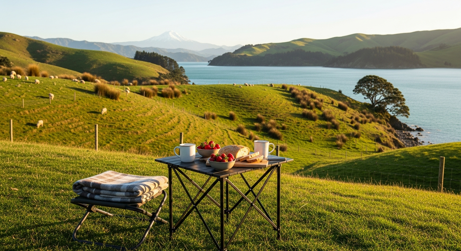 A delivered caravan at a Wanaka lakeside holiday park at golden hour, set up and ready