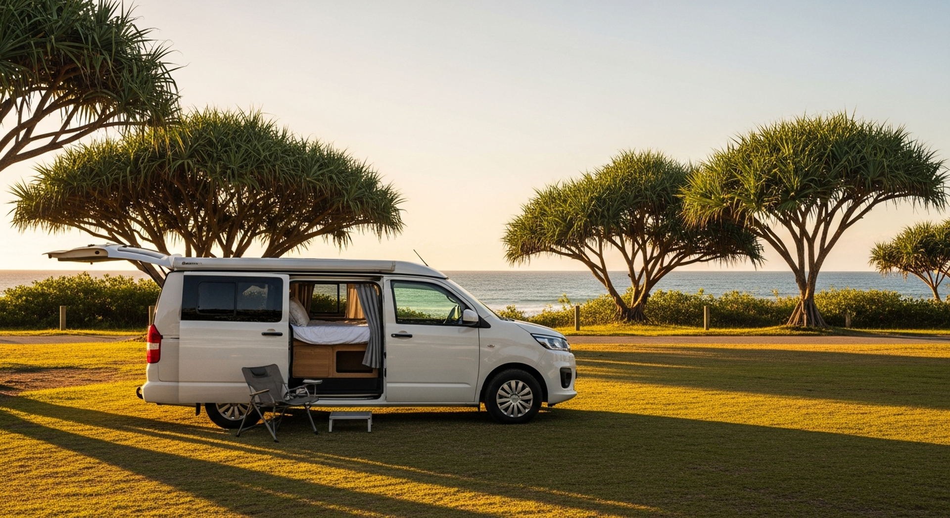 A campervan delivered to an Australian coastal campsite at golden hour