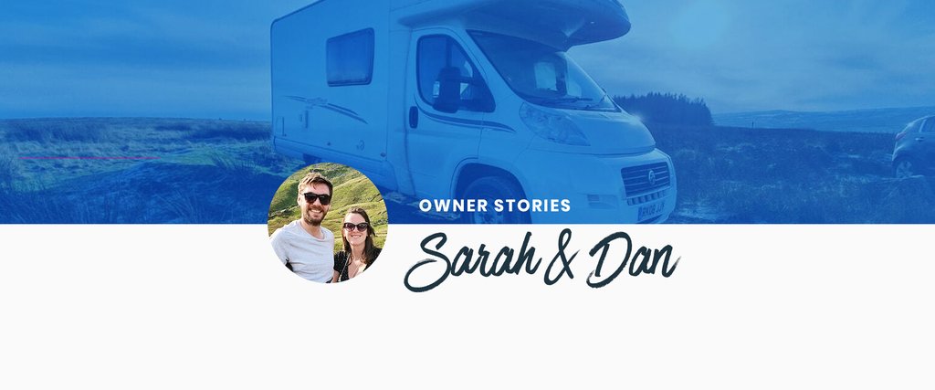 Sarah and Dan's motorhome, Coco, parked up on a scenic campsite.