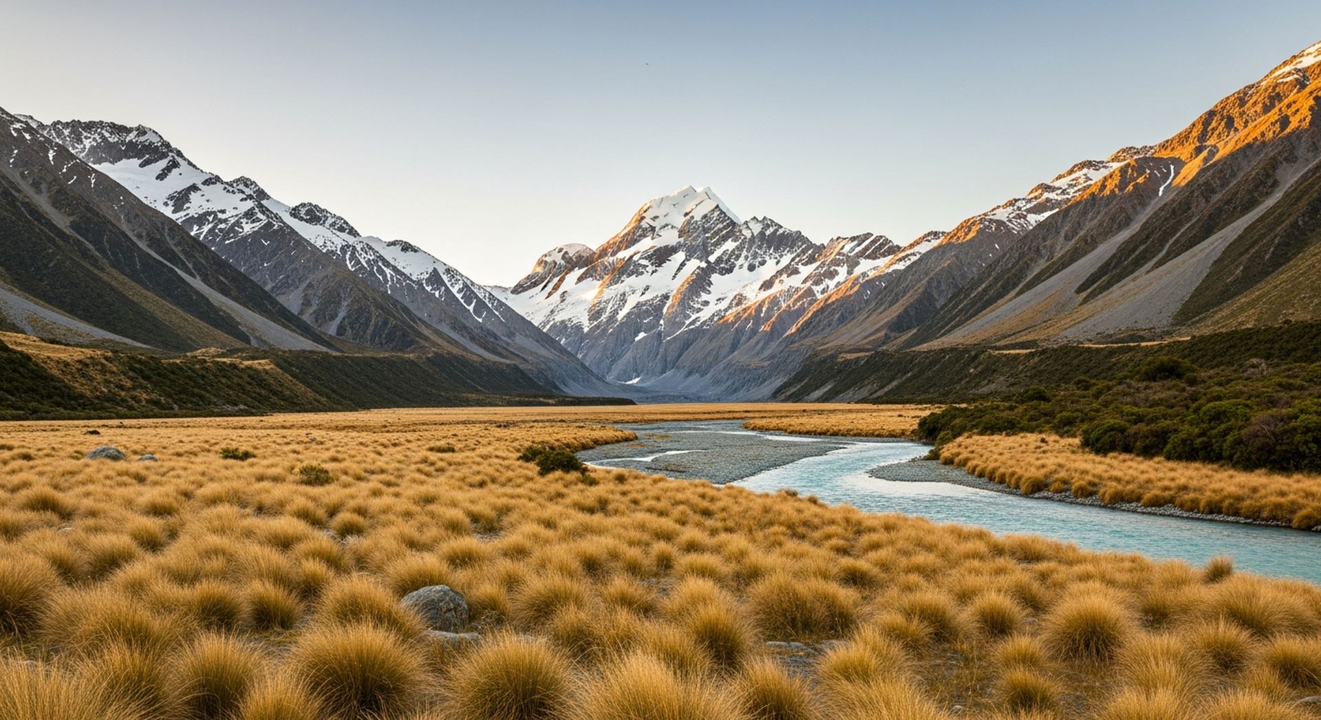A New Zealand lakeside freedom-camping spot at golden hour, Southern Alps reflected in the still water