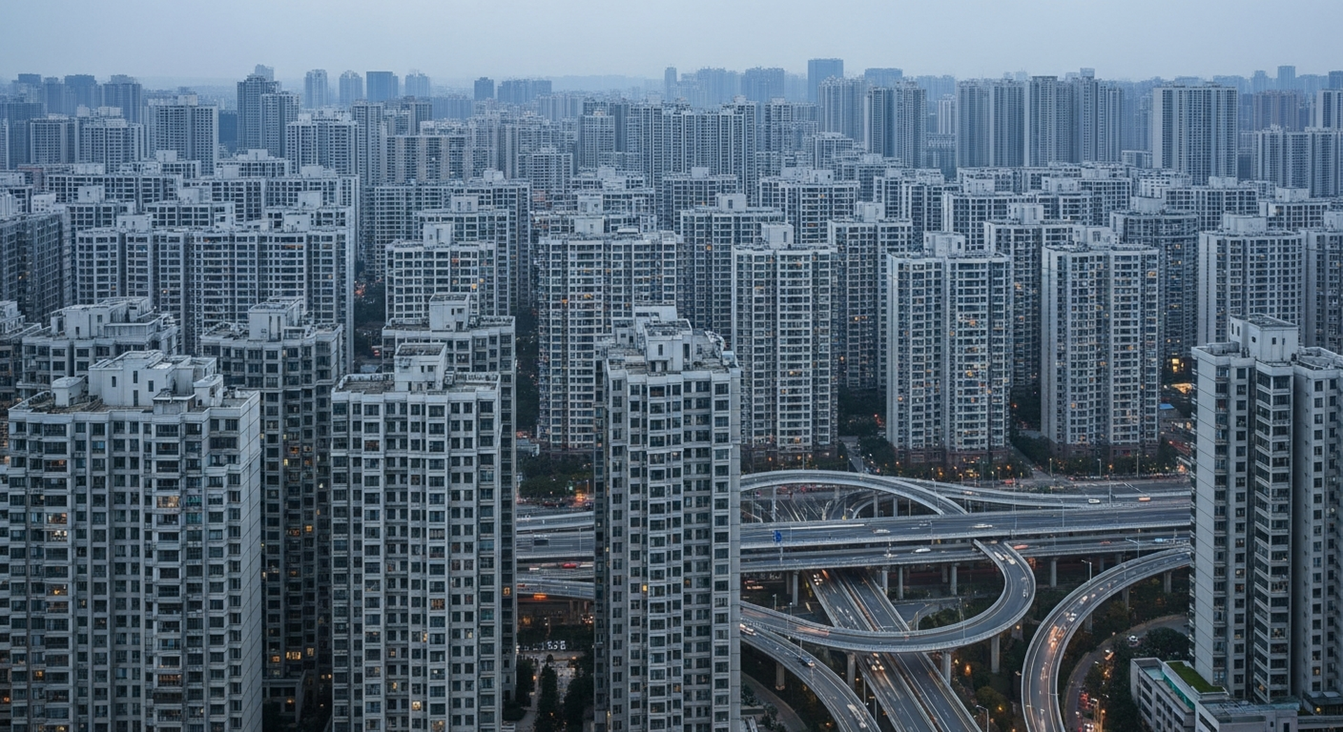 A dense Chinese mega-city apartment-tower district at dusk, the packed-in city that a New Zealand open-road trip answers