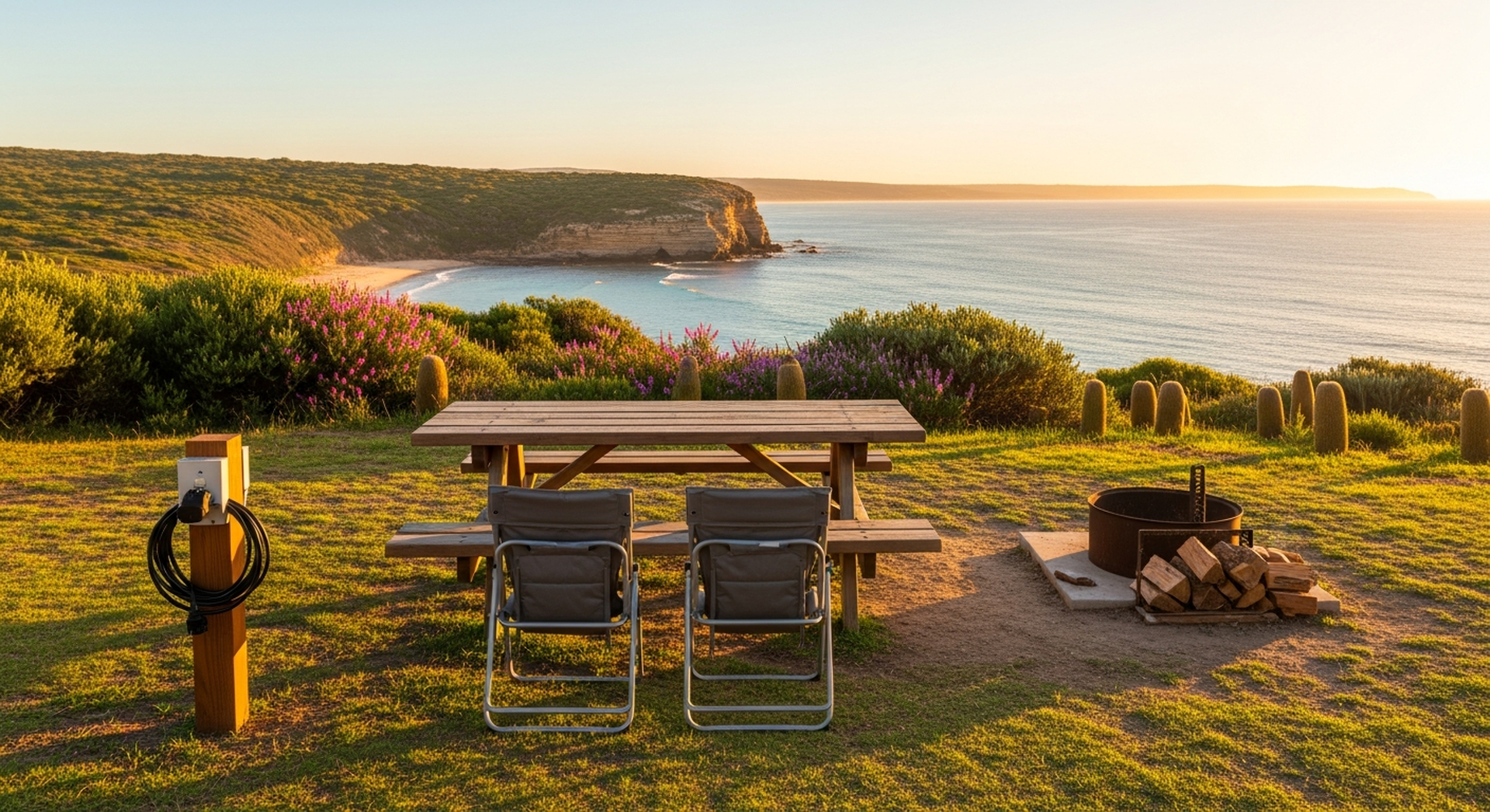 A coastal Australian caravan park at sunset, the kind of place a motel chain can't put you