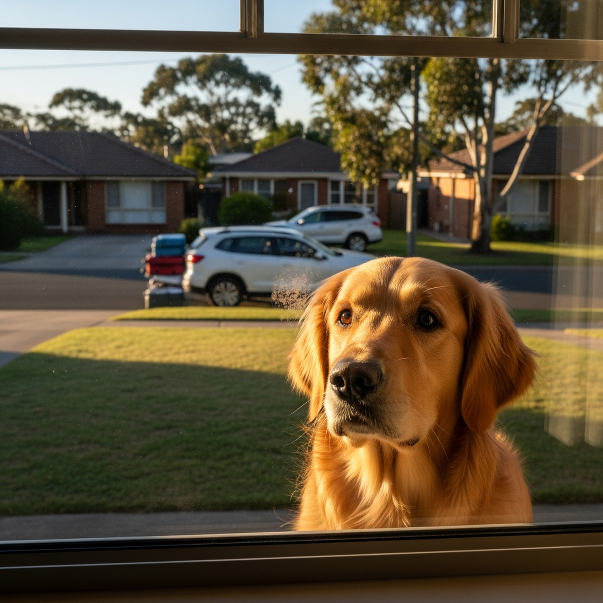 Dog watching family leave for the airport