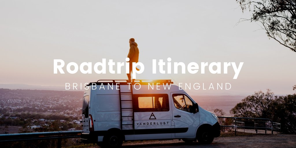 Campervan driving along a scenic country road on a Brisbane to Tamworth road trip.