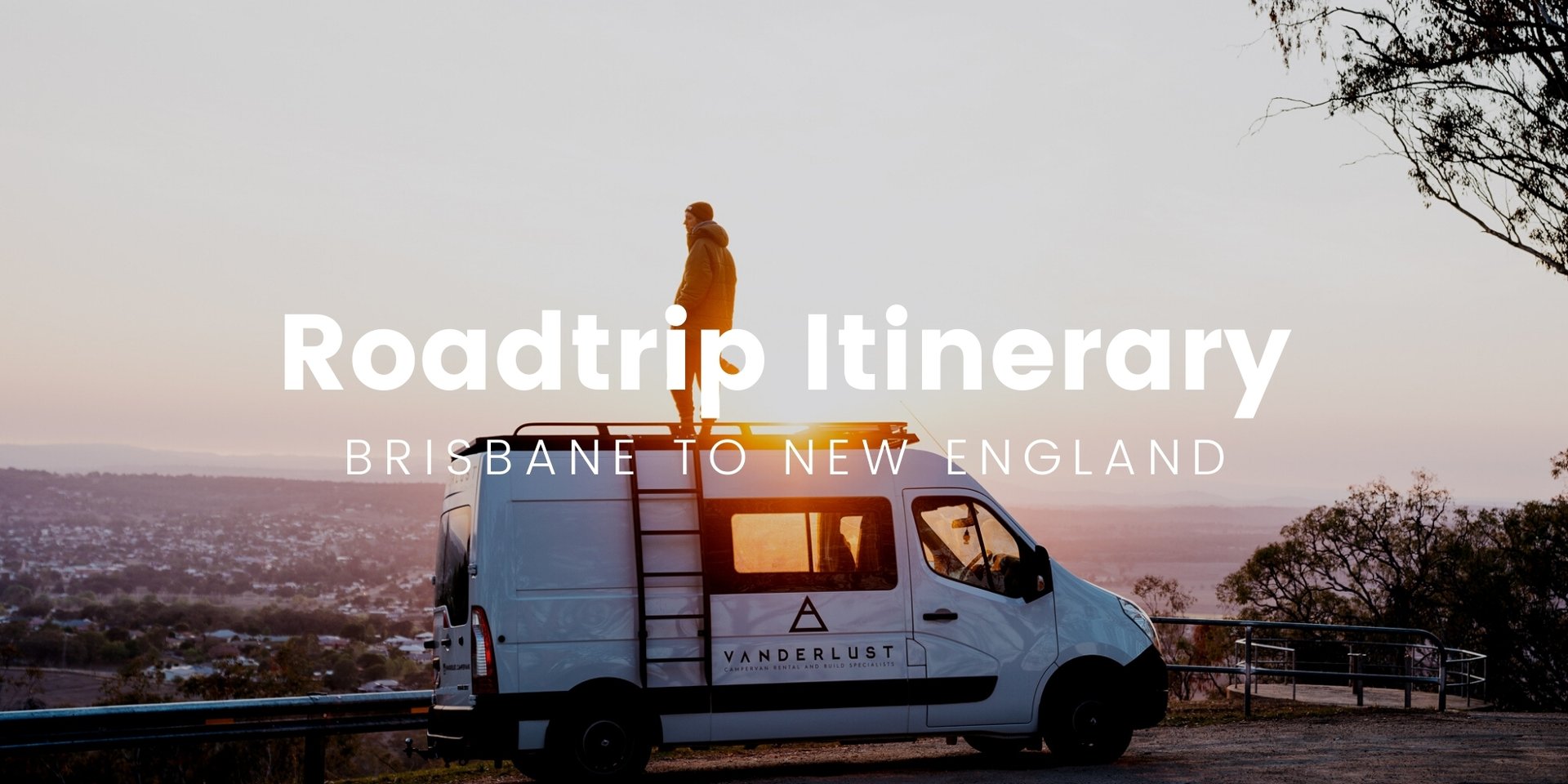 Campervan driving along a scenic country road on a Brisbane to Tamworth road trip.