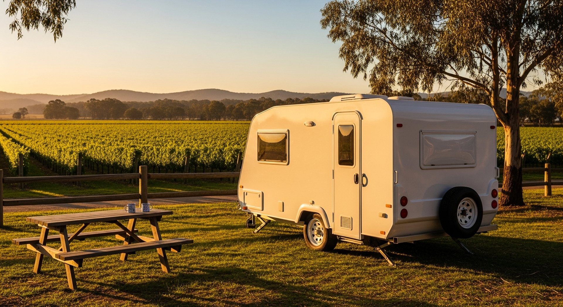 A delivered caravan at a Hunter Valley vineyard caravan park at golden hour, set up and waiting