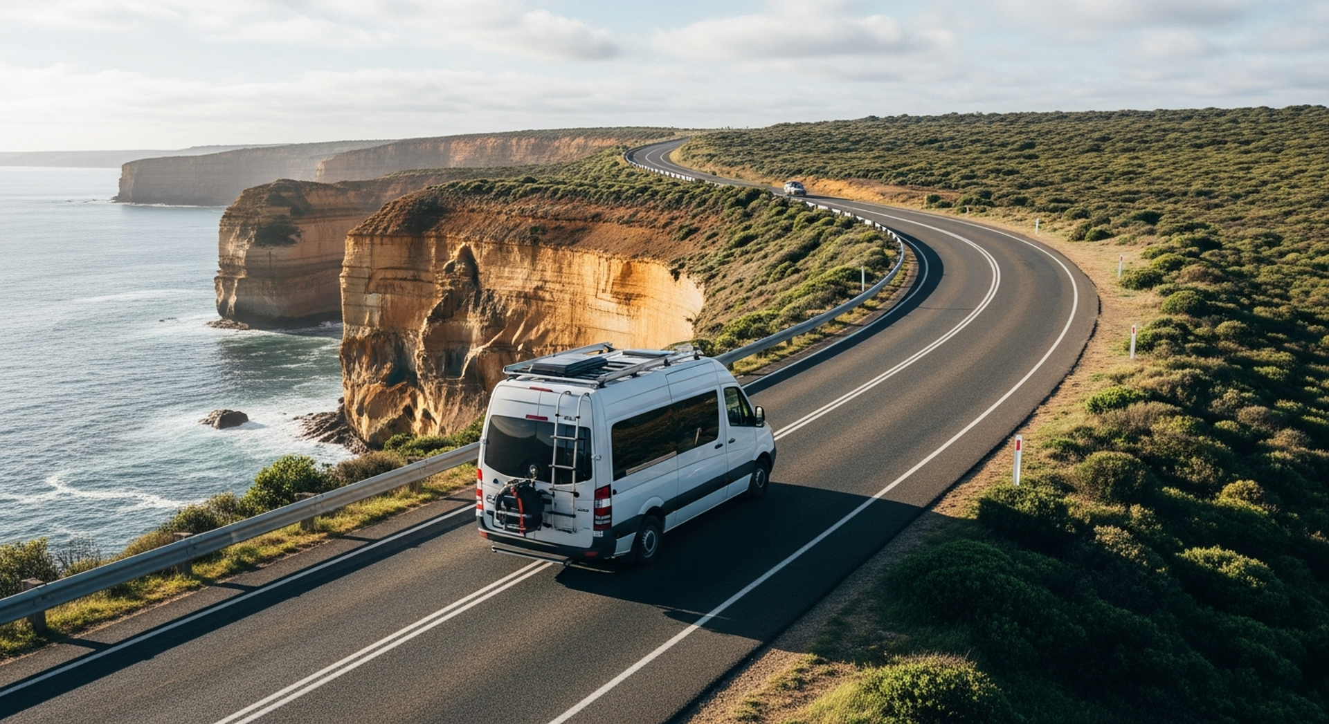 Couple sharing morning coffee outside a campervan at a coastal park