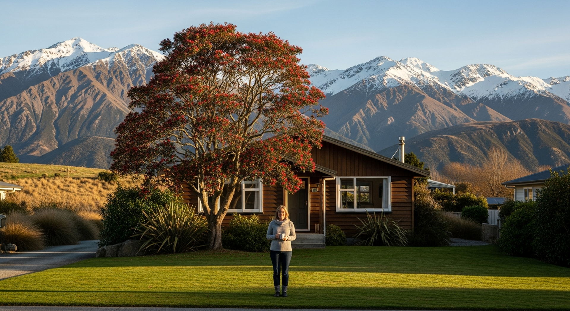 A New Zealand owner outside a suburban Tauranga home, mug in hand, smiling