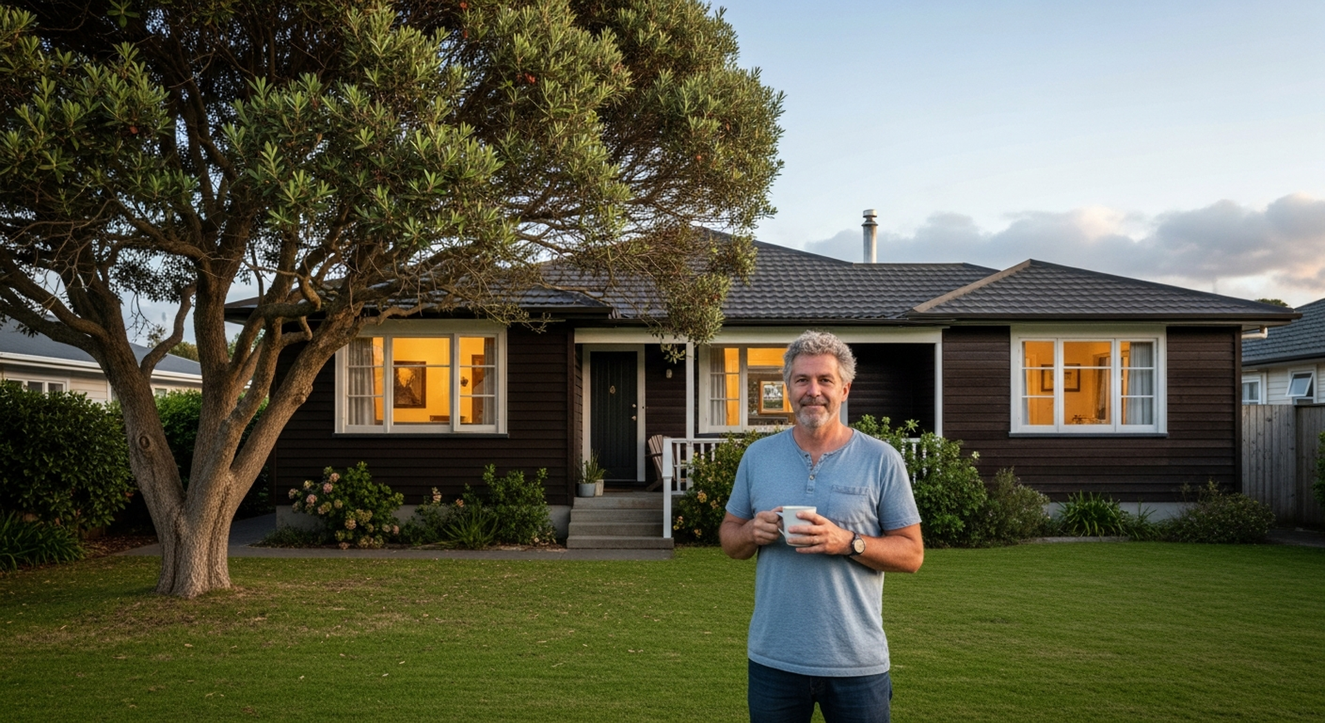A New Zealand campervan owner outside a suburban home, mug in hand, smiling, centred horizontally in the frame