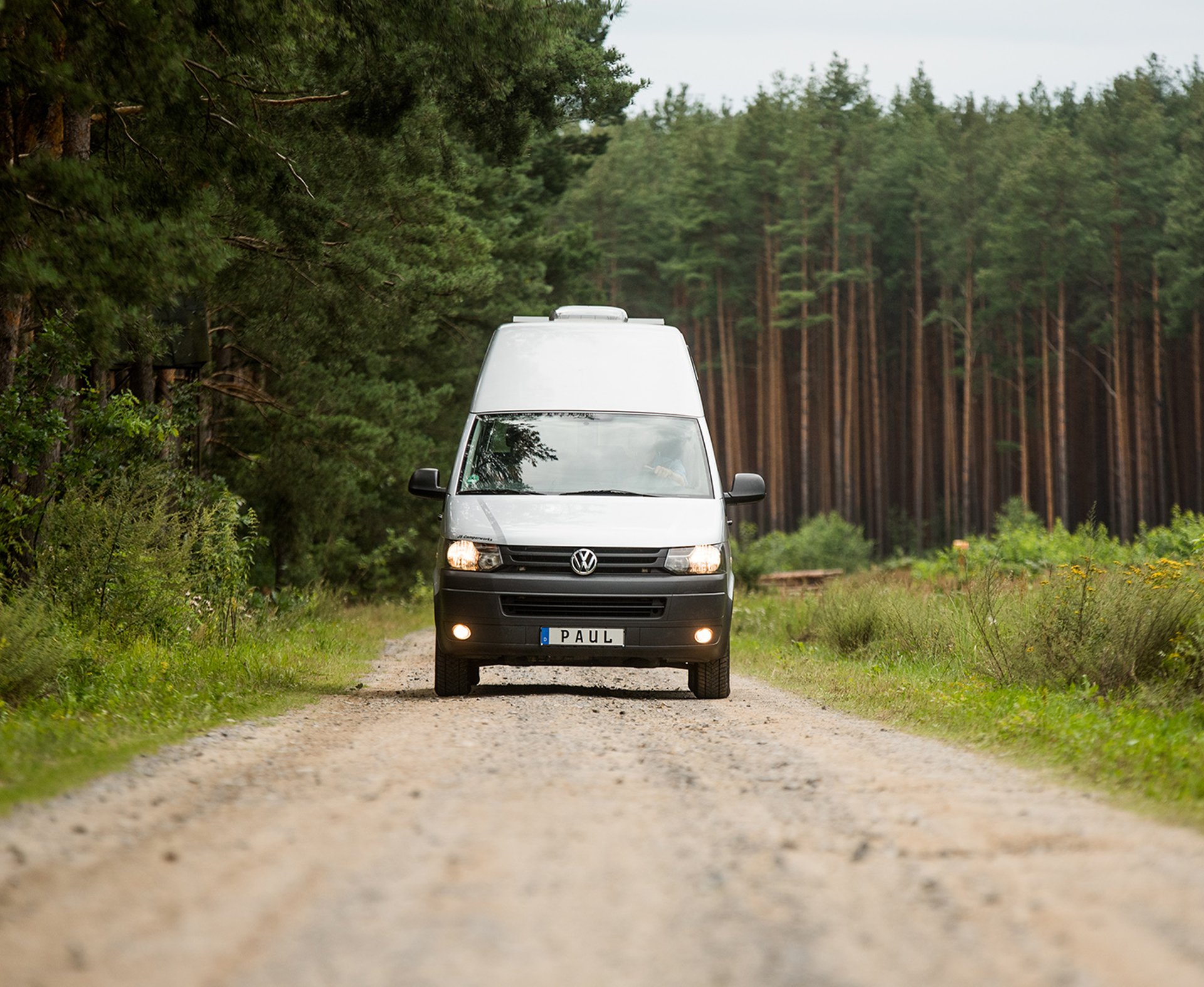 PaulCamper-Camper, Campingbus, Straße, Bäume, Paul