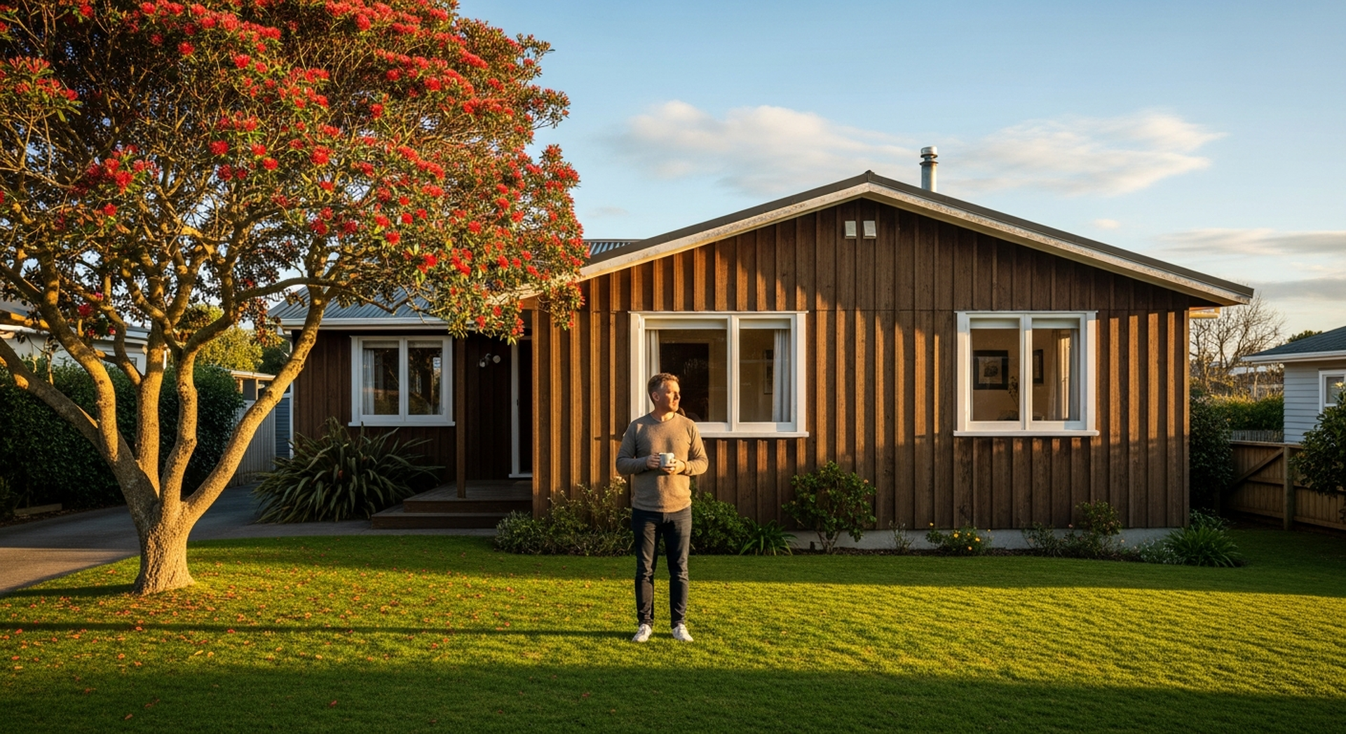 A New Zealand campervan owner outside a suburban home, mug in hand, smiling, centred horizontally in the frame