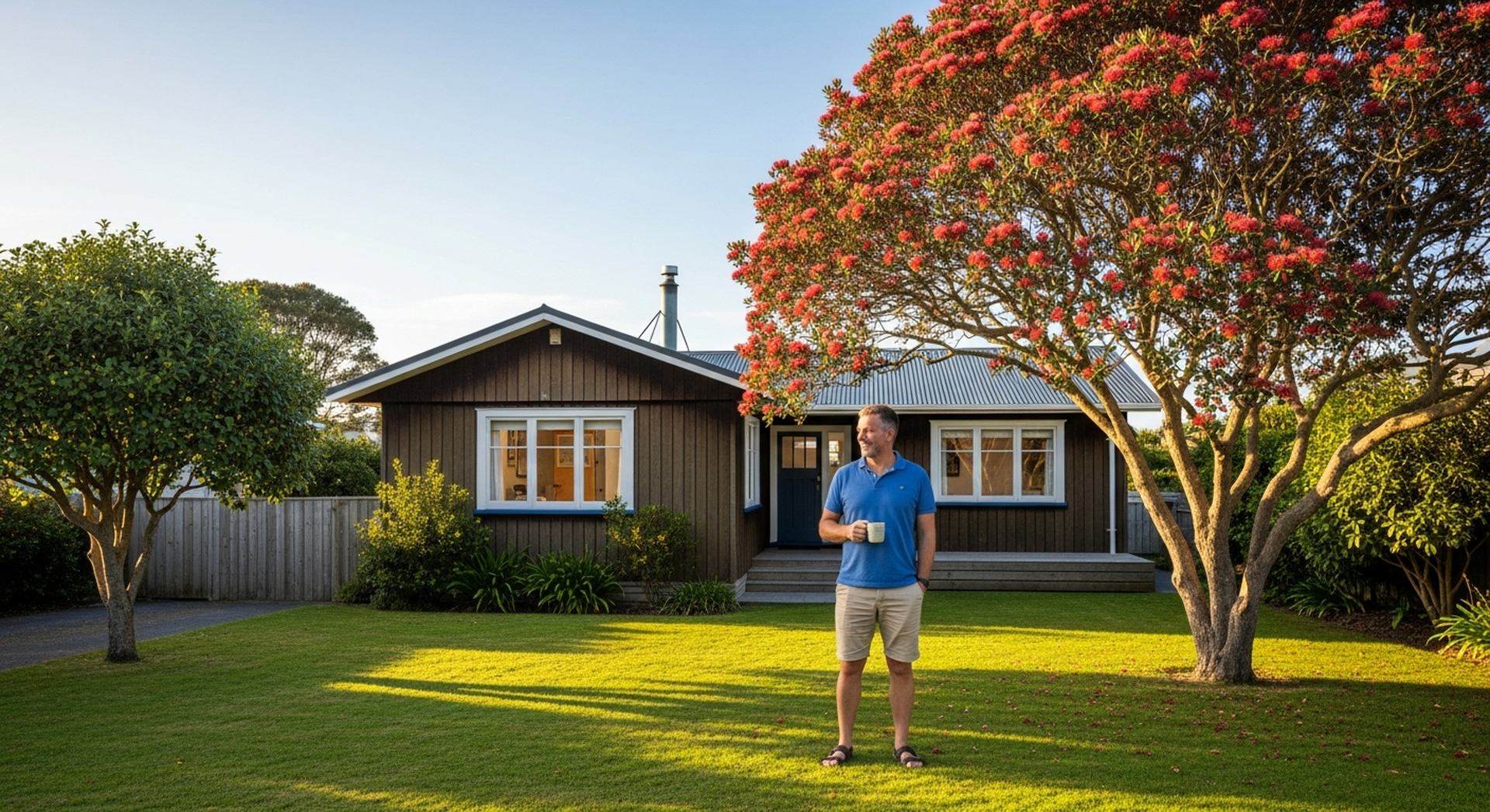 A New Zealand motorhome owner outside a suburban home, mug in hand, smiling, centred horizontally in the frame