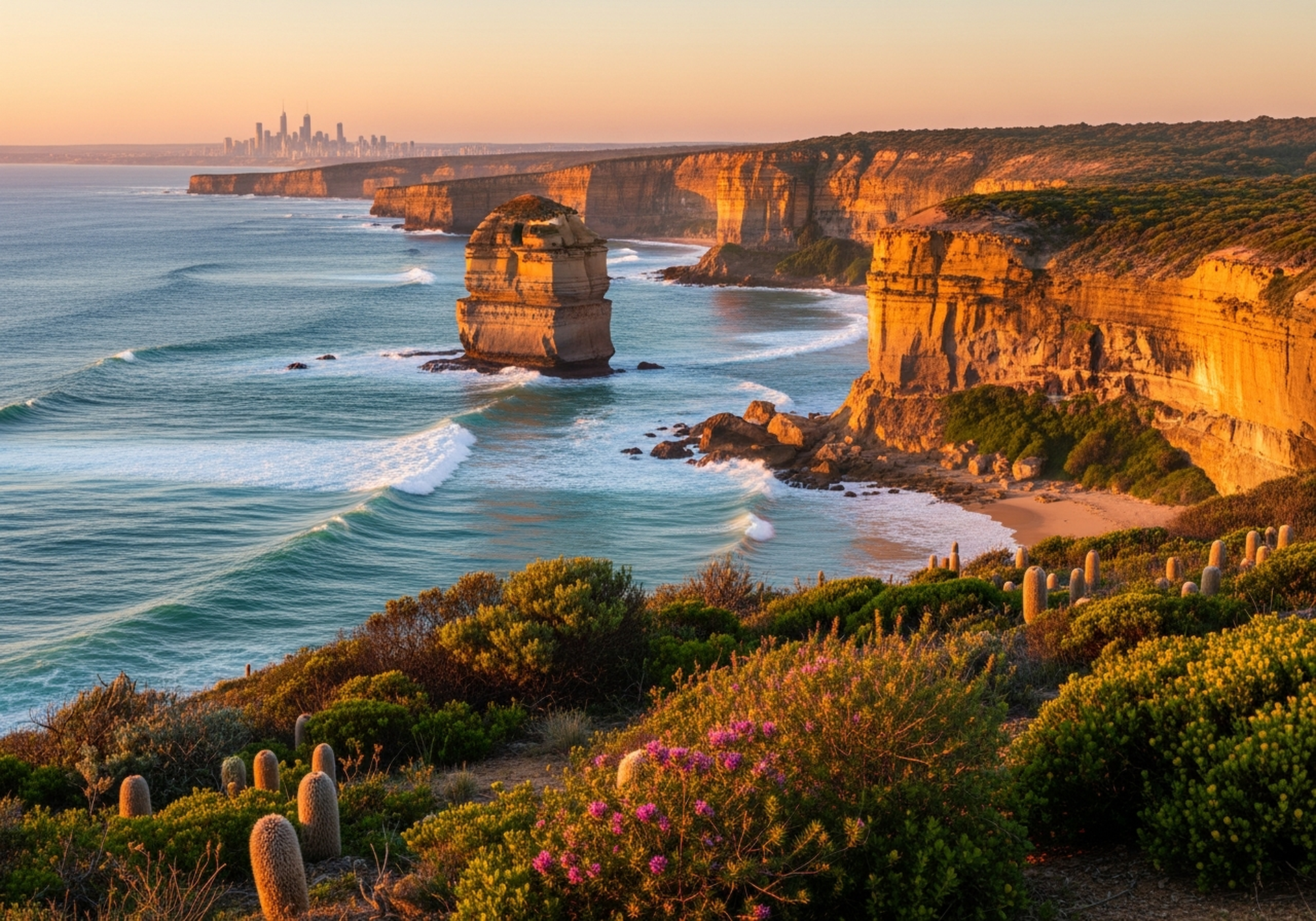 A campervan on an Australian coastal road heading away from a distant city skyline