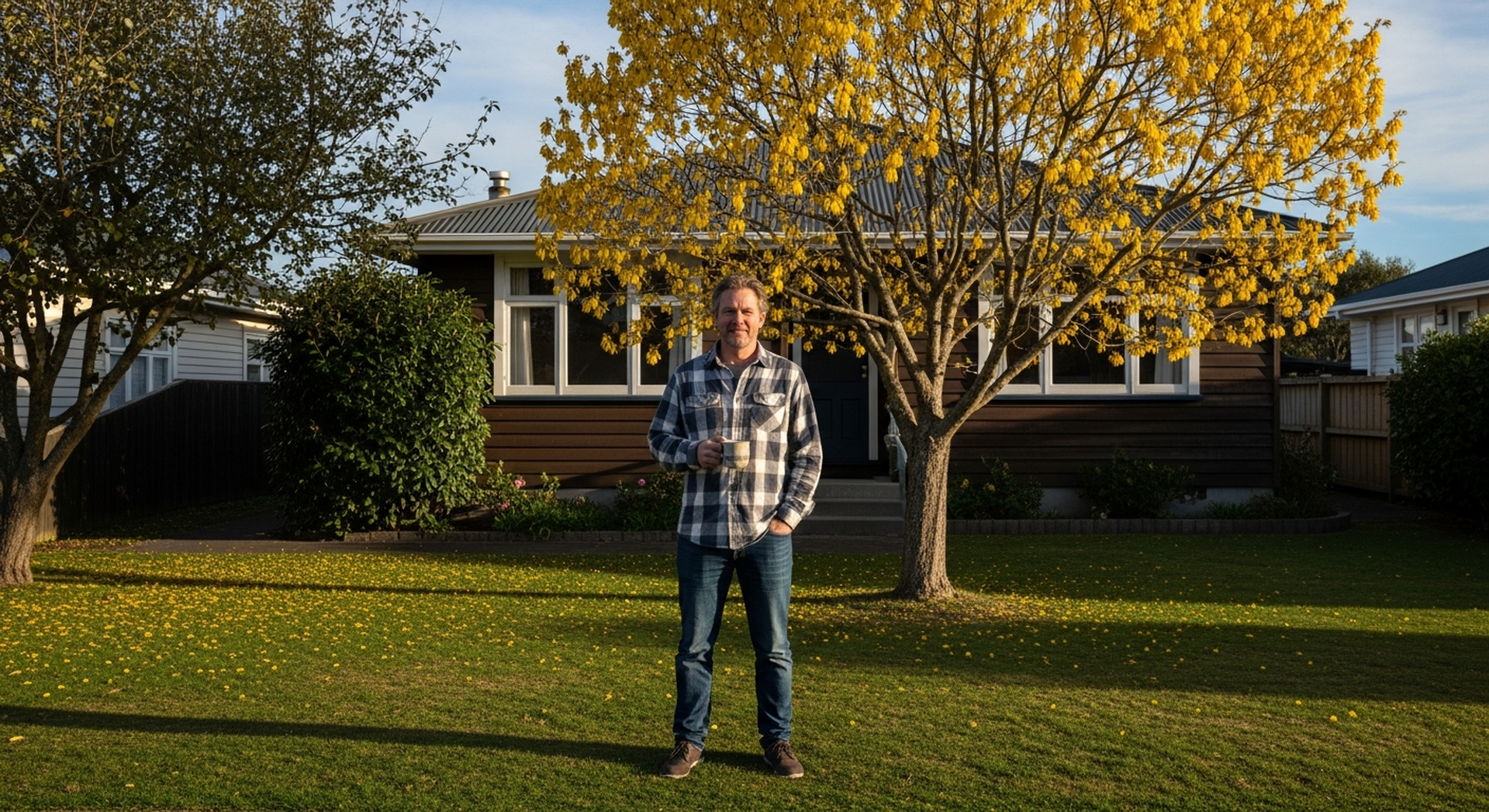 A New Zealand owner outside a suburban home, mug in hand, smiling, centered horizontally in frame