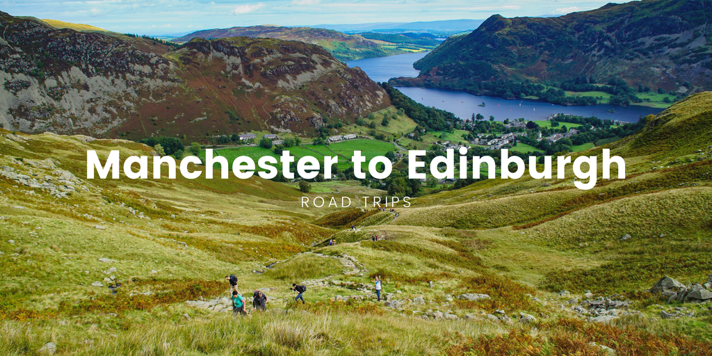 Caravan on scenic road trip from Manchester to Edinburgh through the British countryside.