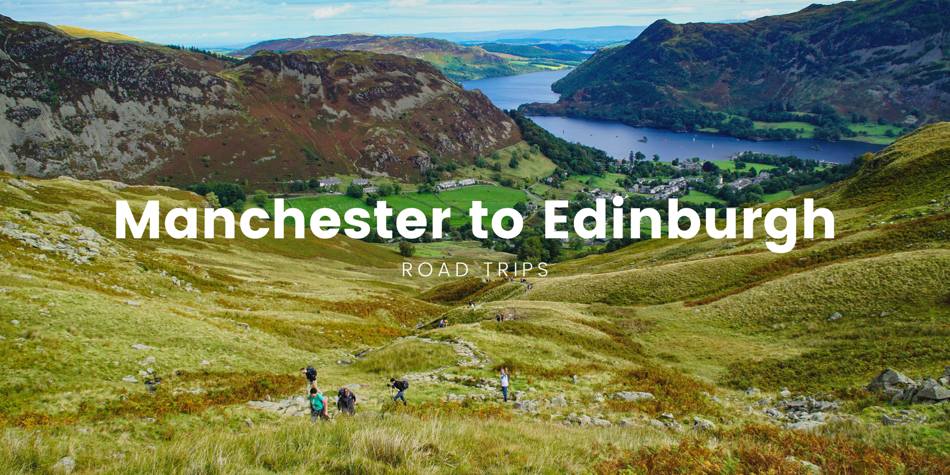 Caravan on scenic road trip from Manchester to Edinburgh through the British countryside.