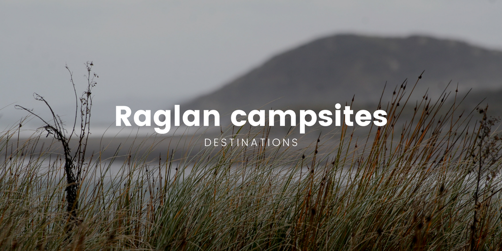 Tent pitched on grassy Raglan campground, view of the Tasman Sea.