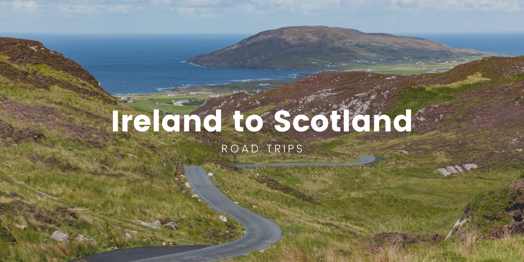 Campervan parked in scenic Scottish Highlands, with Irish flag and camping gear displayed.