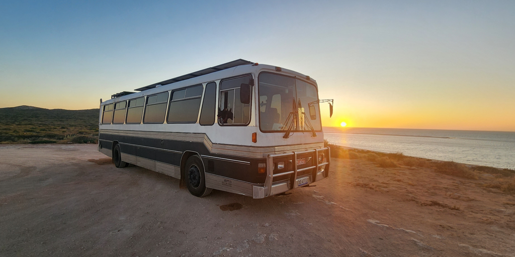 Converted bus, Big Rig, parked up at a bush campsite in the Aussie outback.