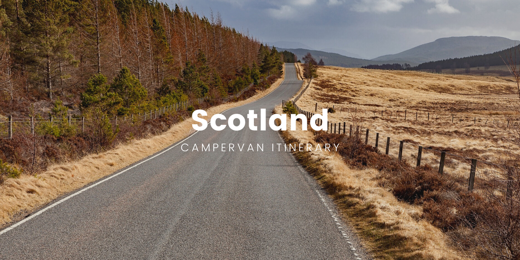 Campervan on scenic Scottish road, Highlands backdrop. Perfect for a motorhome holiday adventure.