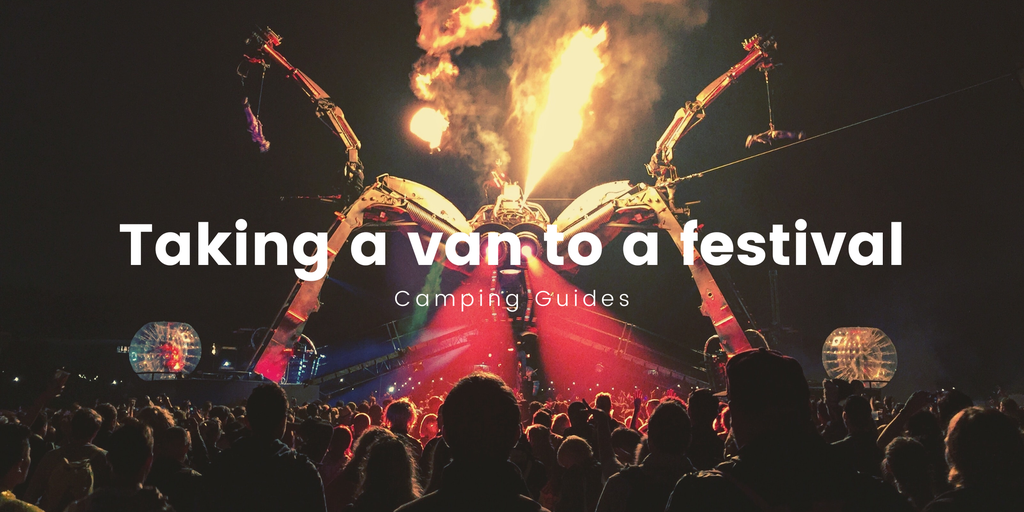 Campervan parked near a vibrant music festival, tents pitched in the background.