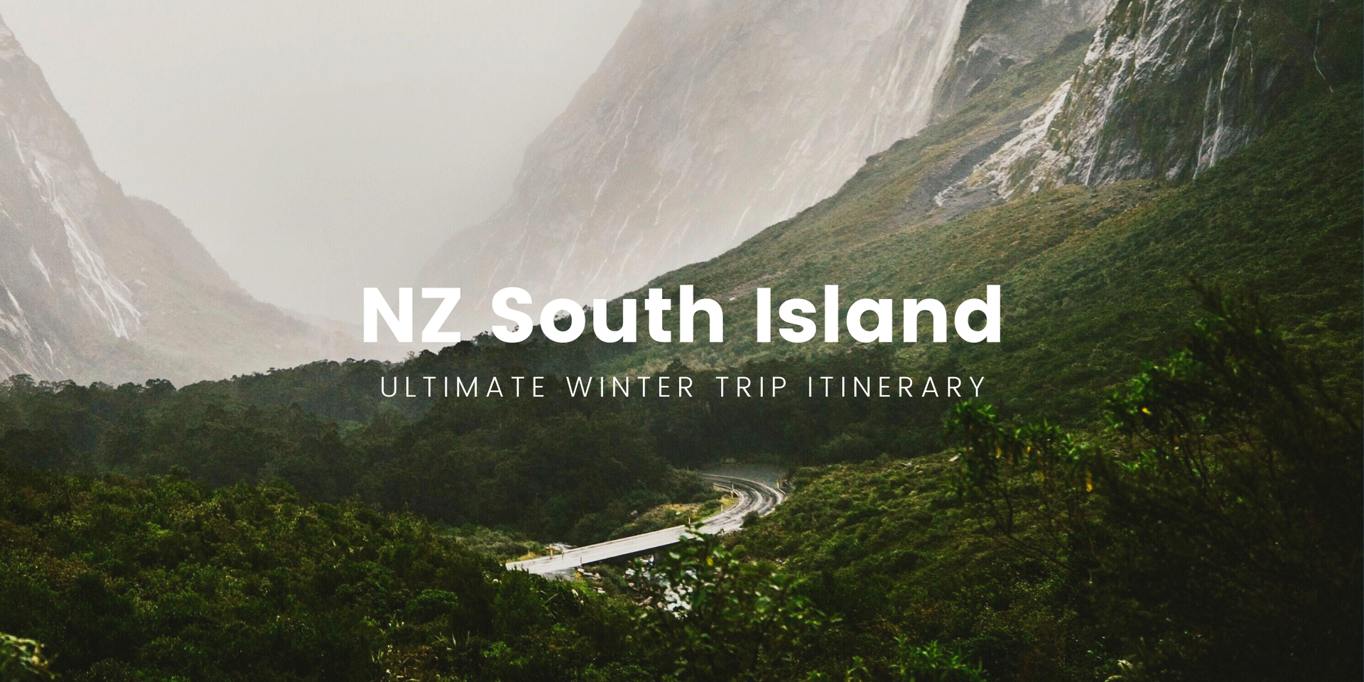 Snow-capped Southern Alps behind a campervan parked lakeside; road trip vibes.