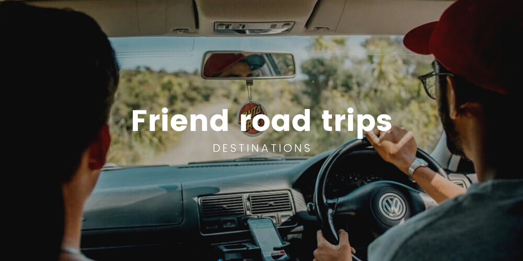 Friends in campervan on road trip, scenic NZ mountain backdrop.