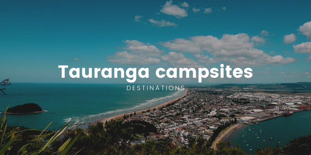 Camping scene at Mount Maunganui, Tauranga. Tent pitched on the beach with Mauao in the background.