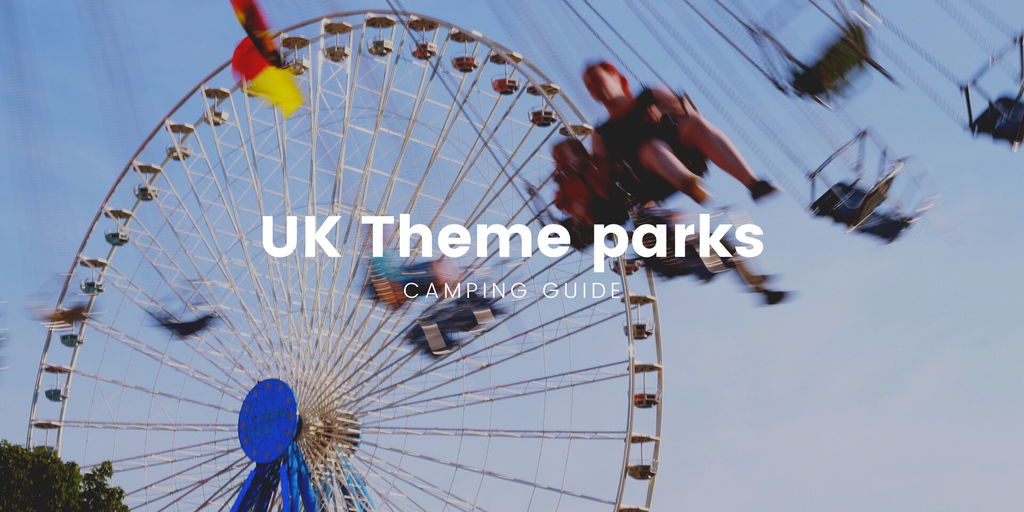 Family campervan holiday near theme park, UK. Camping chairs and picnic table outside.