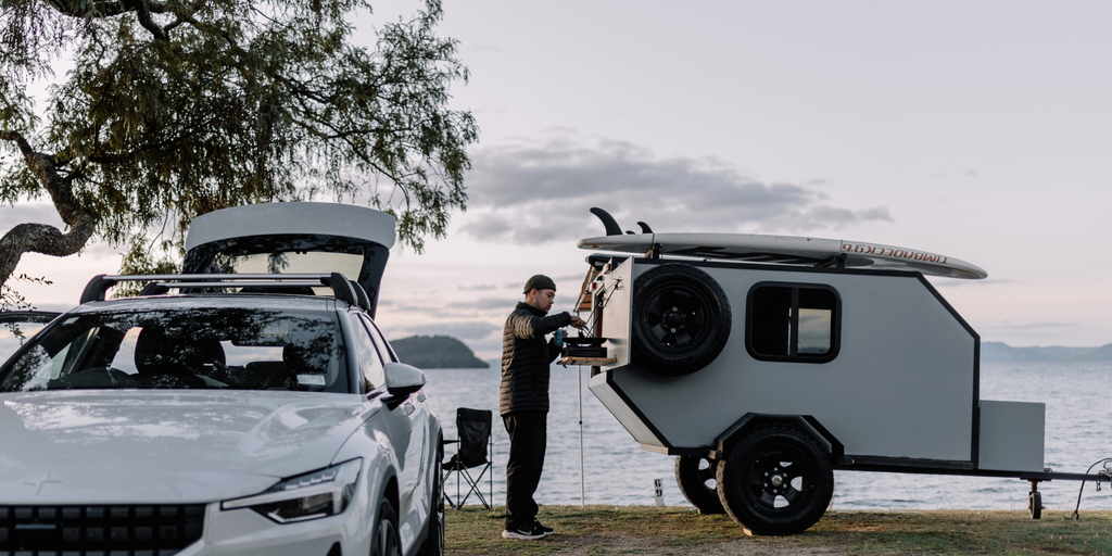 Lake Taupō vista from a campervan window, road trip vibes in Aotearoa.