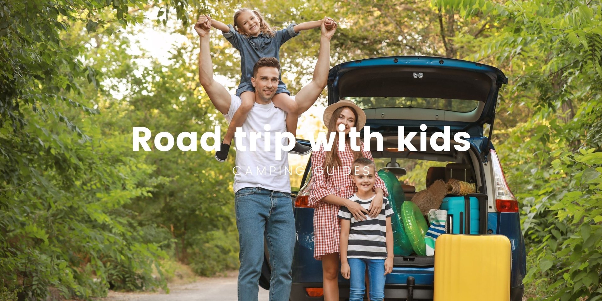 Family driving in car on a road trip through scenic countryside, enjoying a family holiday.