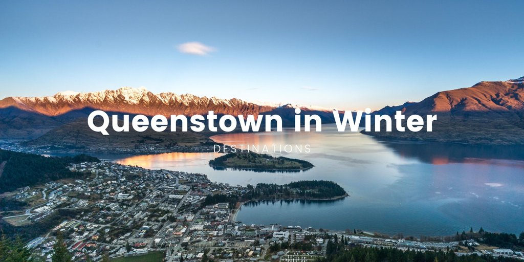 Snowy peaks above Queenstown, skiers on the slopes. Winter alpine adventures in the Southern Alps.